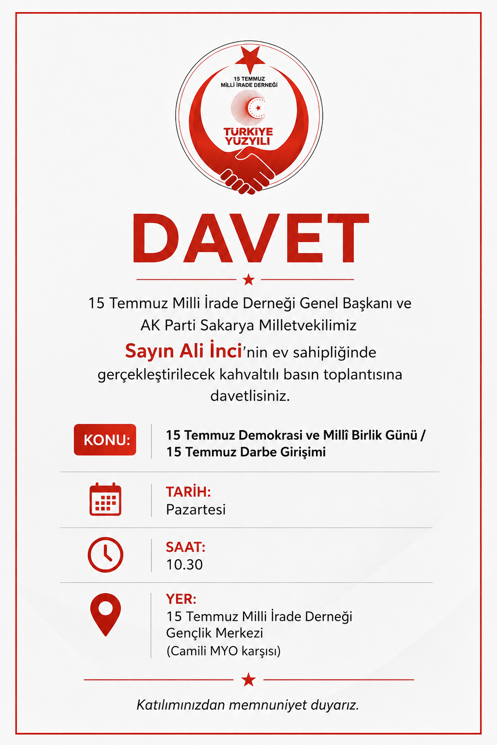 SAKARYA MİLLETVEKİLİ ALİ İNCİ'DEN DAVET