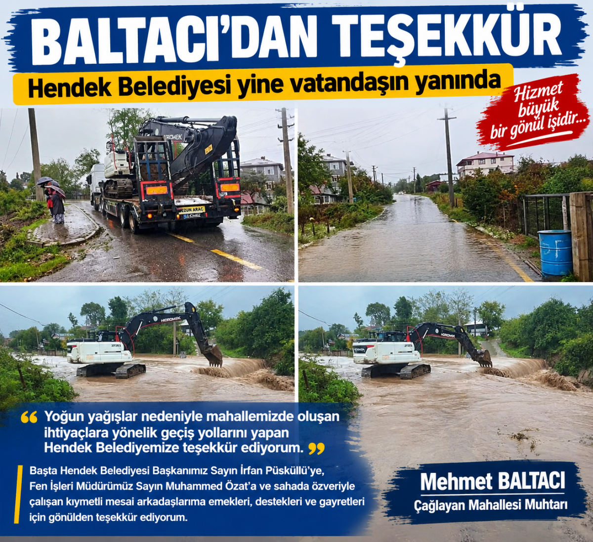 Çağlayan Mahallesi’nde Yoğun Yağış Sonrası Hendek Belediyesi’nden Hızlı Müdahale